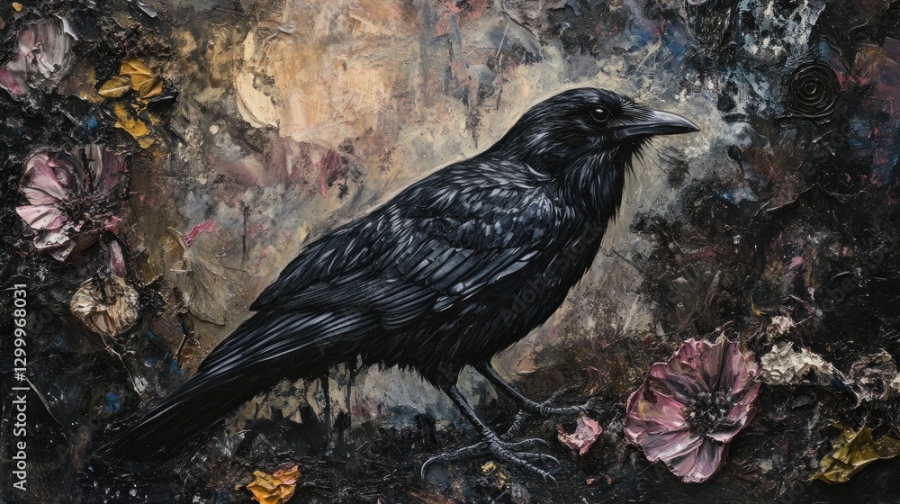 Naklejka premium Dark raven perched amidst a textured, mixed-media artwork of muted colors, with floral elements.