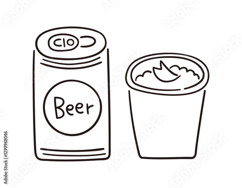 ビールの入った桜の花びらの浮かぶ紙コップ／お花見・宴会・春／手書きのベクター線画イラスト