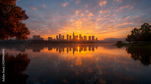City skyline silhouette at sunset with orange sky reflecting on calm lake water and trees
