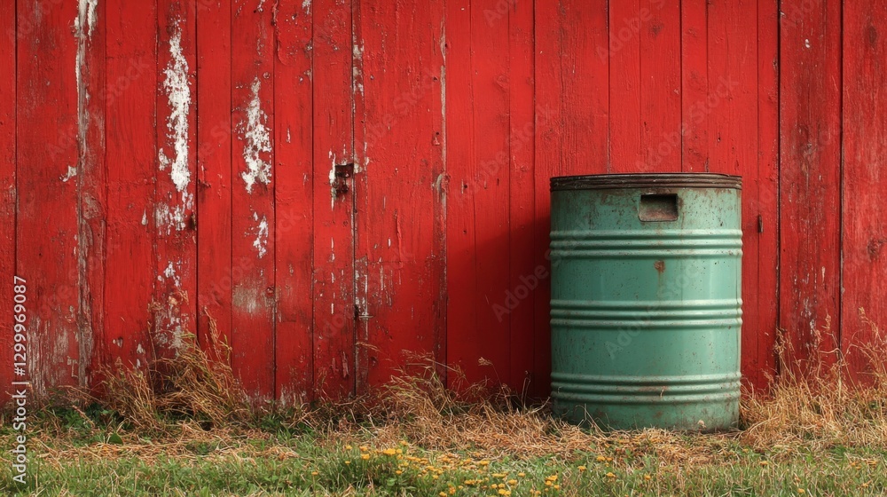 Green metal barrel of copper fertilizer beside red barn in rural setting Green metal barrel of copper fertilizer beside red barn in rural setting
