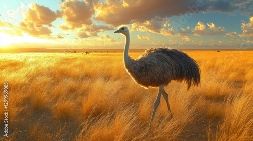 An elegant ostrich stands gracefully in a golden grassland under a vibrant sunset, showcasing its beauty and unique profile.