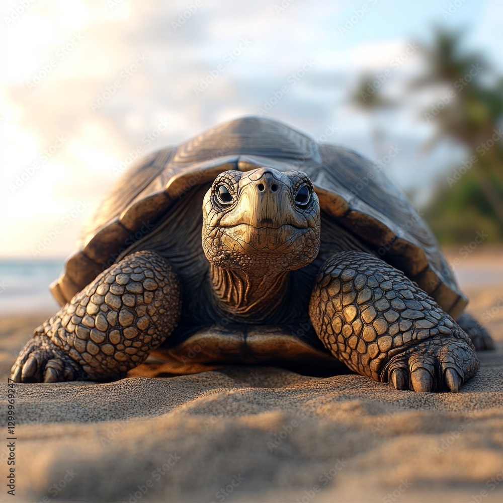 Close-up of a tortoise on the beach, showcasing its unique shell texture and serene environment with palm trees in the background. Close-up of a tortoise on the beach, showcasing its unique shell texture and serene environment with palm trees in the background.