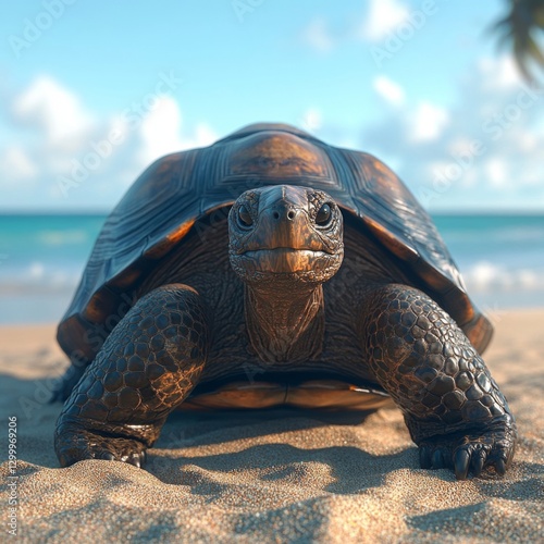 Close-up of a turtle on a sandy beach with a scenic ocean backdrop, showcasing nature's beauty and wildlife.