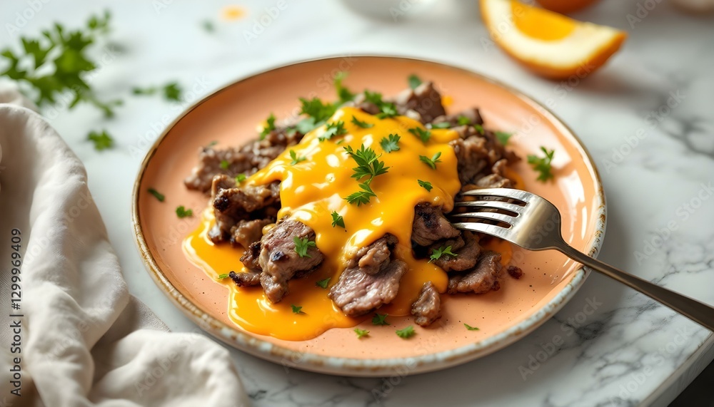A vibrant plate displaying a cheesesteak burger, topped with cheese, capturing the essence of summer cuisine A vibrant plate displaying a cheesesteak burger, topped with cheese, capturing the essence of summer cuisine