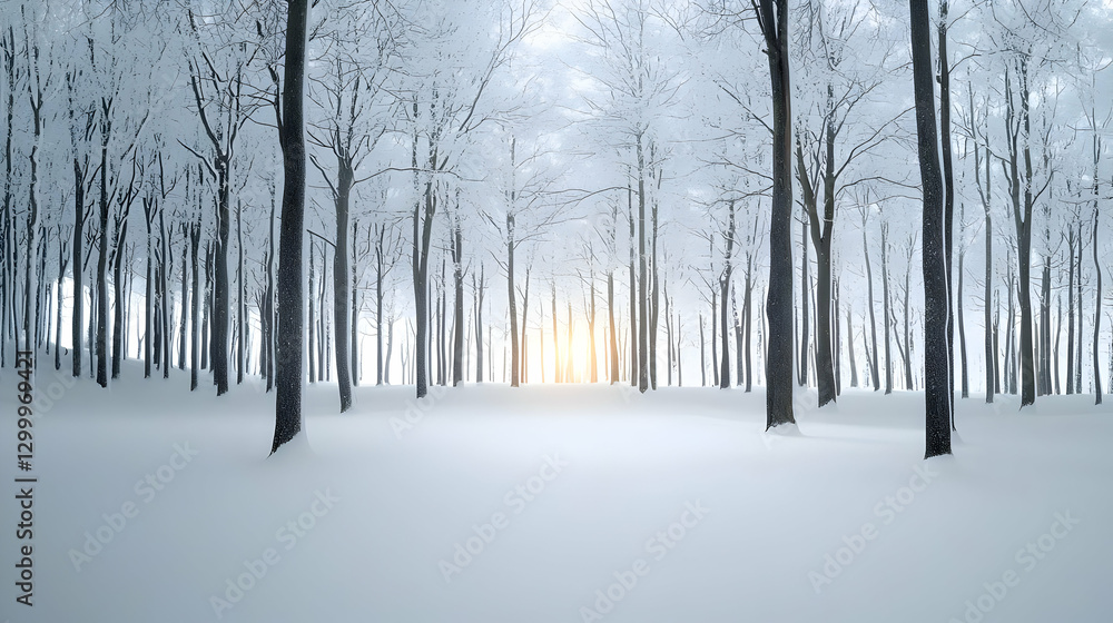 Fototapeta premium Winter Forest Scene with Snow Covered Ground and Trees under Bright Sunlight