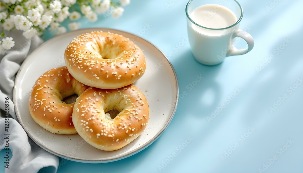 A delightful arrangement of sesame seed bagels and a glass of milk on a bright blue backdrop, perfect for summer A delightful arrangement of sesame seed bagels and a glass of milk on a bright blue backdrop, perfect for summer