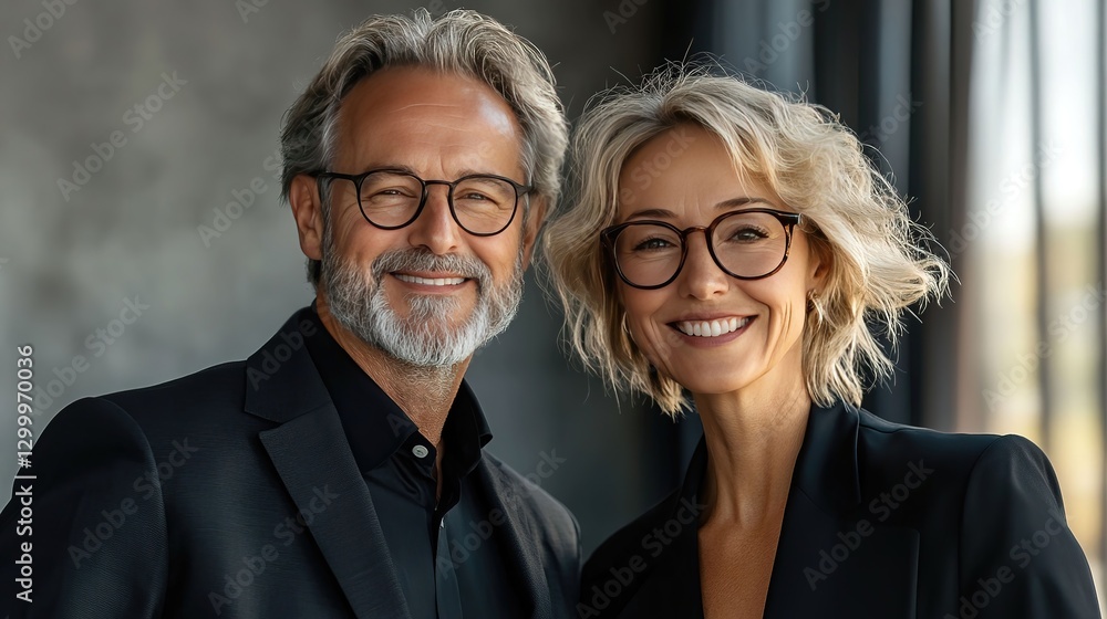 Two professionals in formal attire, exuding confidence and professionalism in a modern business setting. Two professionals in formal attire, exuding confidence and professionalism in a modern business setting.