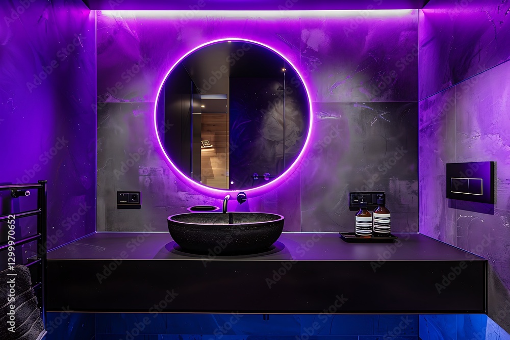 Bathroom with purple and black colors, neon lights, round mirror, modern mimalist design, high resolution,