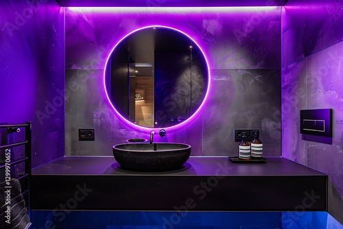 Obraz na płótnie Bathroom with purple and black colors, neon lights, round mirror, modern mimalist design, high resolution, w salonie