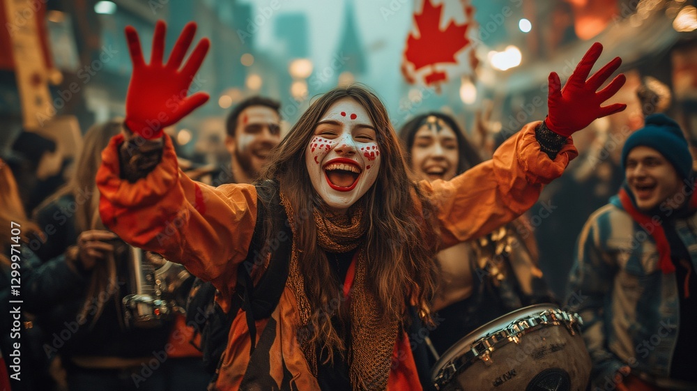A group of friends dressed in warm autumn clothing cheerfully celebrate at a Canadian cultural festival, showcasing community spirit. A group of friends dressed in warm autumn clothing cheerfully celebrate at a Canadian cultural festival, showcasing community spirit.