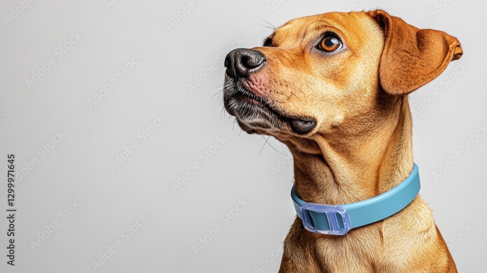 Modern blue dog collar on champion dog against a solid white background