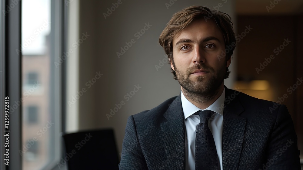 Naklejka premium Focused young businessman in formal attire, embodying determination and professionalism.