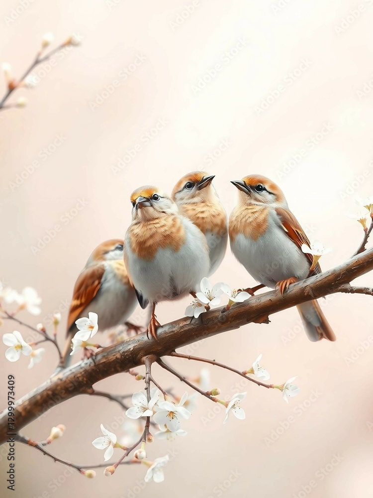 A serene image of three sparrows perched on a blooming branch, capturing the essence of springtime beauty. A serene image of three sparrows perched on a blooming branch, capturing the essence of springtime beauty.