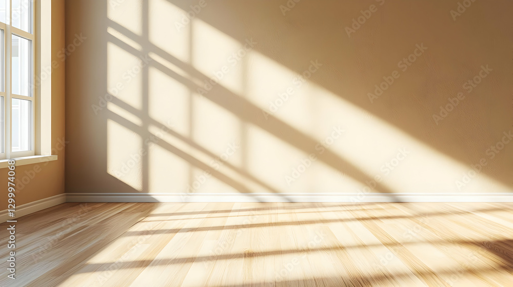 Empty Room Interior with Sunlight Through Window Creating Shadows on Wooden Floor Empty Room Interior with Sunlight Through Window Creating Shadows on Wooden Floor
