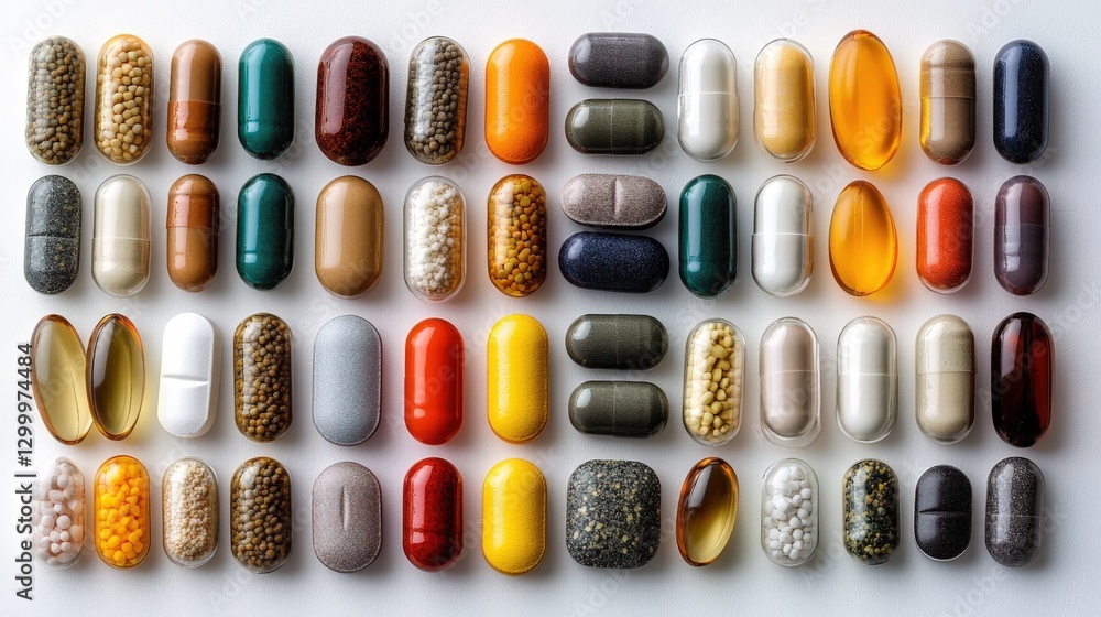 Organized collection of vitamin capsules and tablets in various colors and shapes Organized collection of vitamin capsules and tablets in various colors and shapes