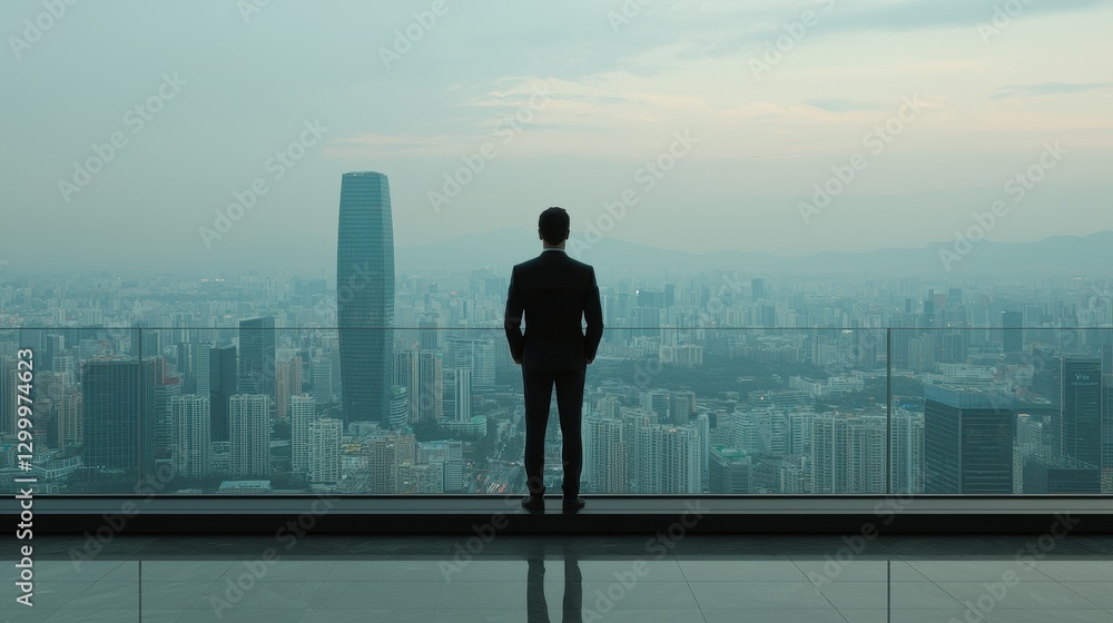 Businessman Gazing at Urban Skyline from High-Rise Building Businessman Gazing at Urban Skyline from High-Rise Building