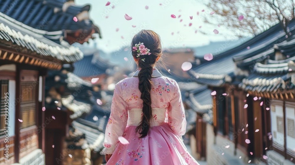 Obraz premium Back view of korean asian woman in traditional korean dress or hanbok dress walking in old palace in night with full moon, Seoul city, South Korea,copy space.