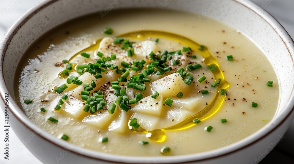 Creamy leek and potato soup garnished with chives and olive oil in a minimalist setting Creamy leek and potato soup garnished with chives and olive oil in a minimalist setting