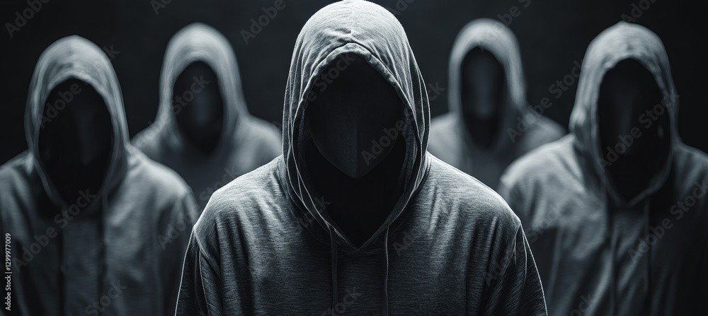 Hooded hacker criminal group. Cyber internet security protection concept. Generative AI technology.