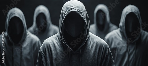 Obraz na płótnie Hooded hacker criminal group. Cyber internet security protection concept. Generative AI technology.
w salonie