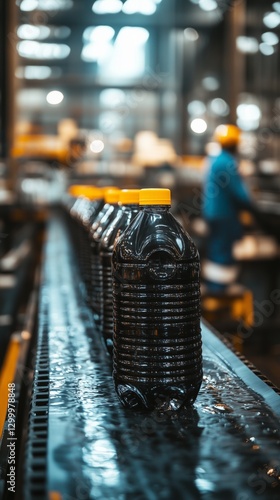 Wallpaper Mural Bottling plant conveyor belt moving plastic bottles with yellow caps Torontodigital.ca