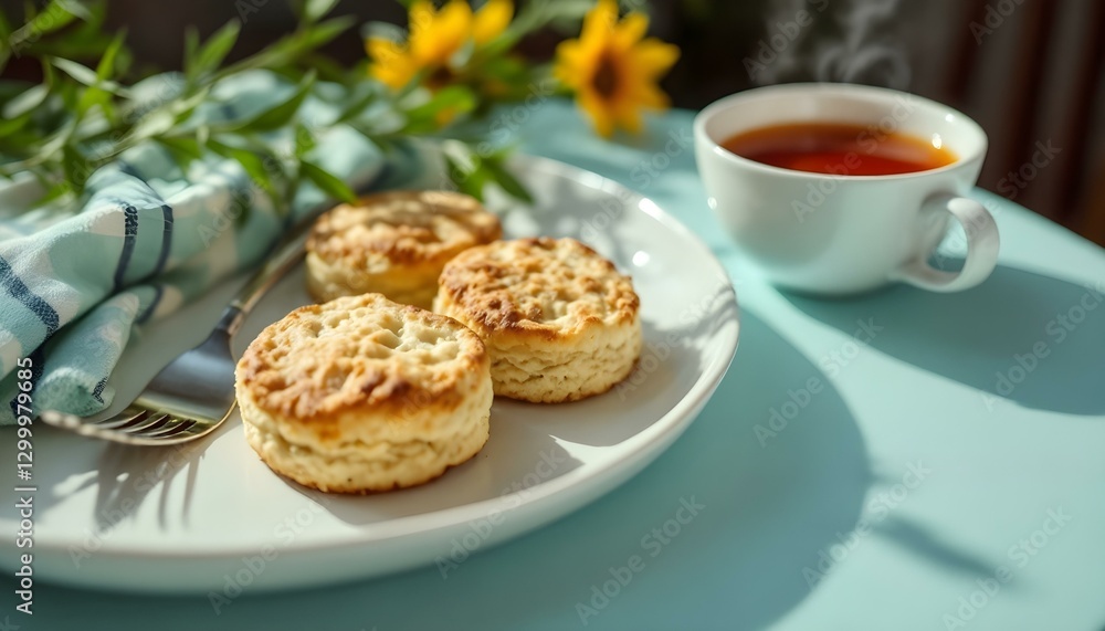 Enjoying summer with Mile High Biscuits and tea on a plate, complemented by a fork Enjoying summer with Mile High Biscuits and tea on a plate, complemented by a fork
