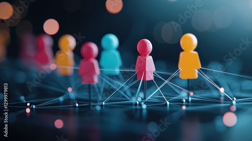 A diverse team of individuals represented by brightly colored silhouettes engaged in a lively discussion, with connecting lines symbolizing their shared goals.
