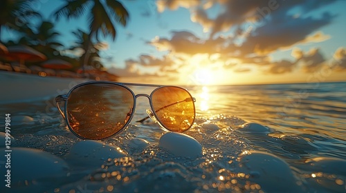 Wallpaper Mural A pair of sunglasses rests on the beach, reflecting a stunning sunset over the ocean, with palm trees in the background. Torontodigital.ca