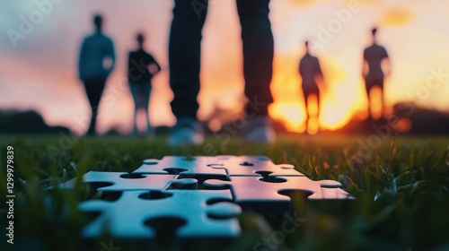 Silhouettes of team members standing on different puzzle pieces, representing their individual strengths coming together to achieve a common goal.