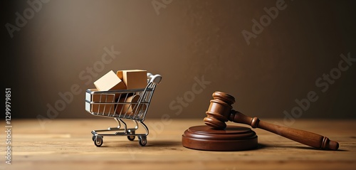 Judge gavel and shopping cart with boxes on wood table. Concept of consumer rights, responsibilities to safety, customer protection, commercial law in retail, e-commerce, online shopping. photo