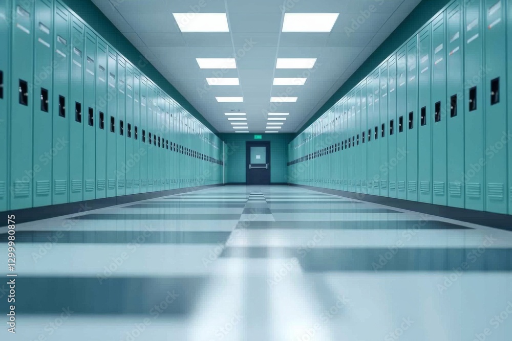 Hallway lined with teal lockers leading to a door in a well-lit school building Hallway lined with teal lockers leading to a door in a well-lit school building