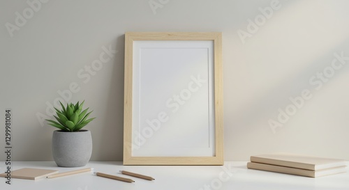 Elegant Minimalist Mockup: Wooden Frame, Succulent, and Books