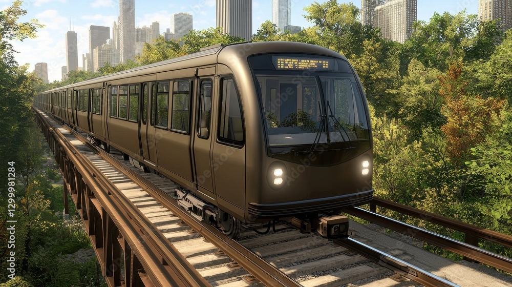 Naklejka premium Modern Urban Train Traveling Through Lush Green Nature Landscape