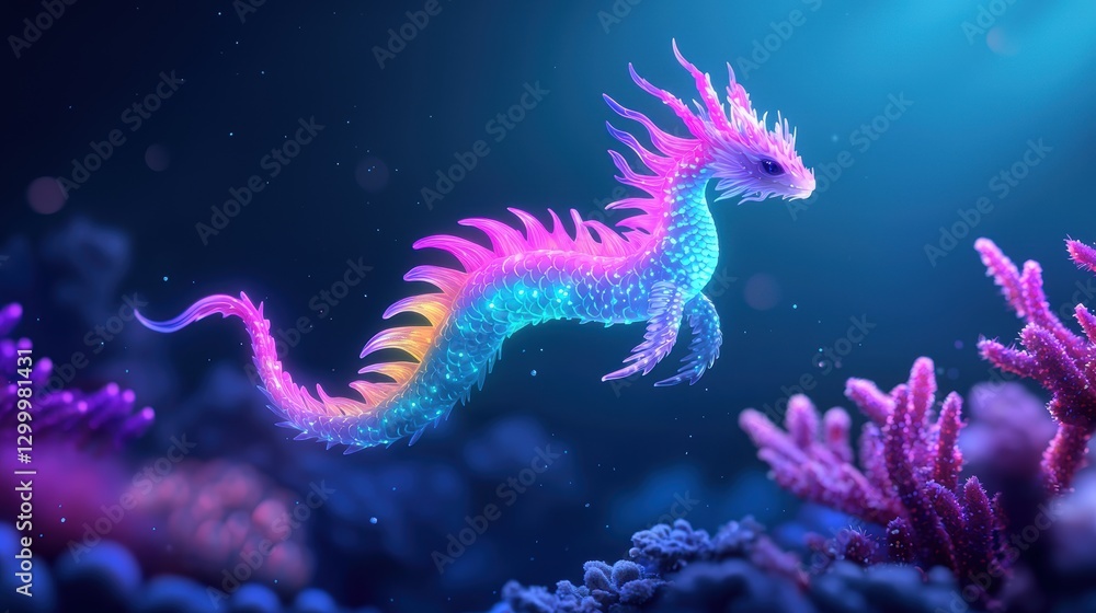 An underwater dragon with bioluminescent markings resembling a rainbow, swimming gracefully through a coral reef. An underwater dragon with bioluminescent markings resembling a rainbow, swimming gracefully through a coral reef.