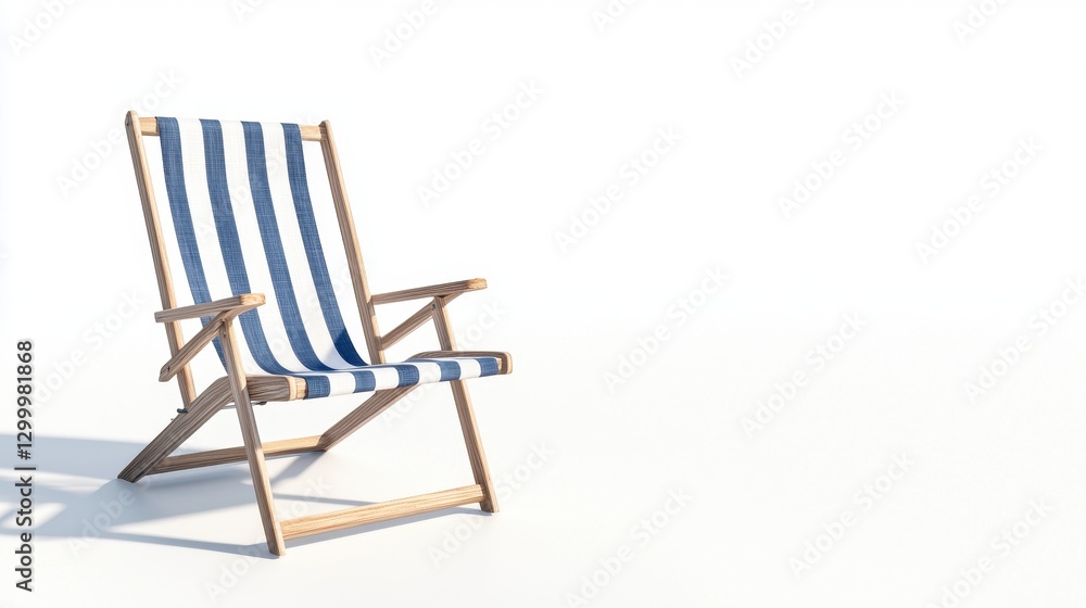 Wooden Deck Chair with Blue and White Stripes on Minimalist Background Wooden Deck Chair with Blue and White Stripes on Minimalist Background