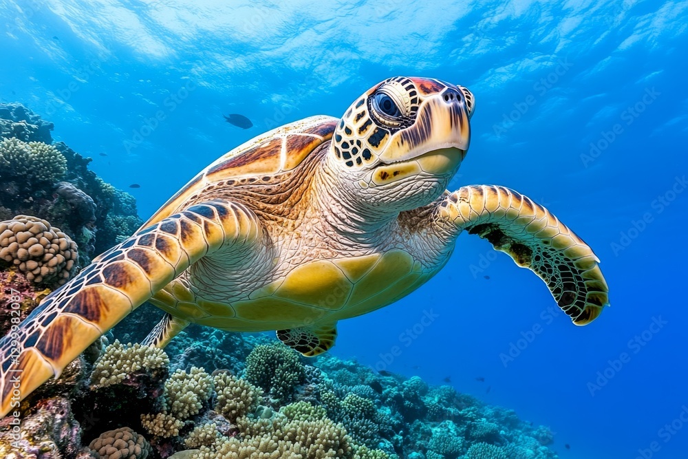 Obraz premium A group of sea turtles swimming near the coral reefs of a tropical island