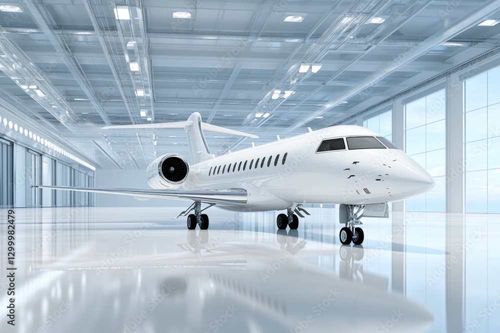 Luxury private jet parked in a modern hangar with large windows and sleek design Luxury private jet parked in a modern hangar with large windows and sleek design