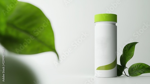 Wallpaper Mural Display of a champion white canister labeled Liquid with green accents and foliage Torontodigital.ca