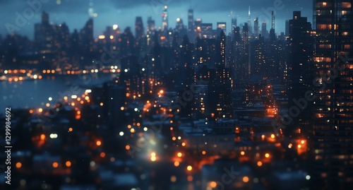 Night city skyline with blurred lights and dark water.