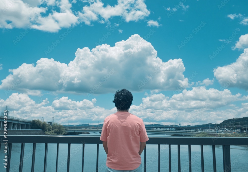Man admiring expansive sky and cloudscape from bridge. Man admiring expansive sky and cloudscape from bridge.