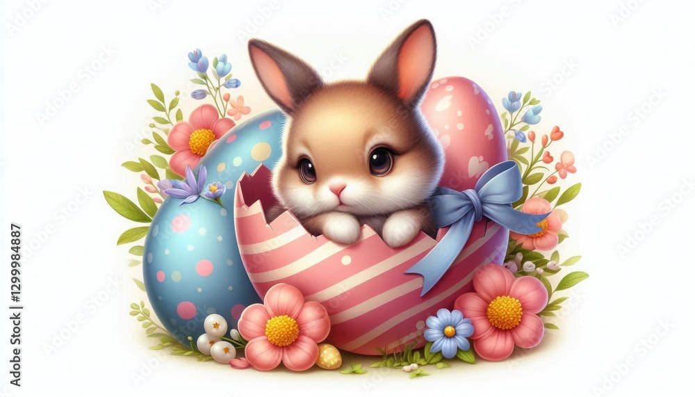 Fototapeta premium A cute bunny peeks out of a large Easter egg, surrounded by colorful eggs and flowers