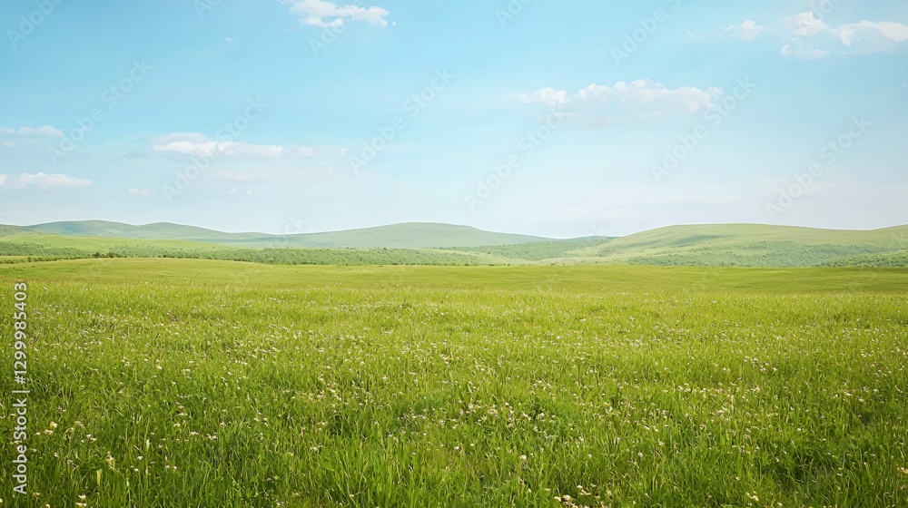 Bright Sunny Day in a Vast Green Field with White Flowers and Blue Sky Bright Sunny Day in a Vast Green Field with White Flowers and Blue Sky