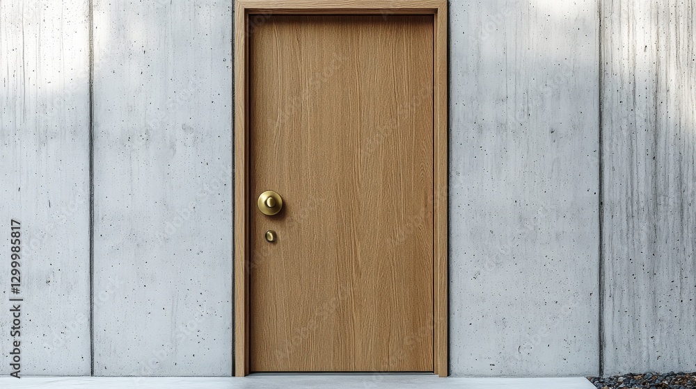 Obraz premium Frameless light oak door with brass knob set against minimalist concrete wall