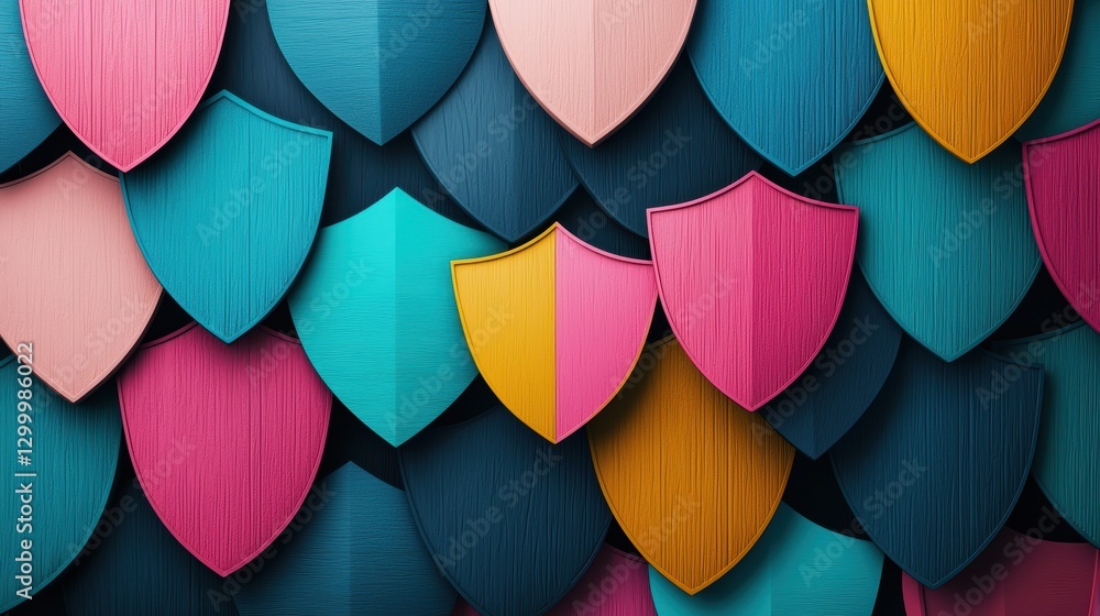 Fototapeta premium A group of overlapping shields in various colors and textures, symbolizing comprehensive security and multi layered protection.