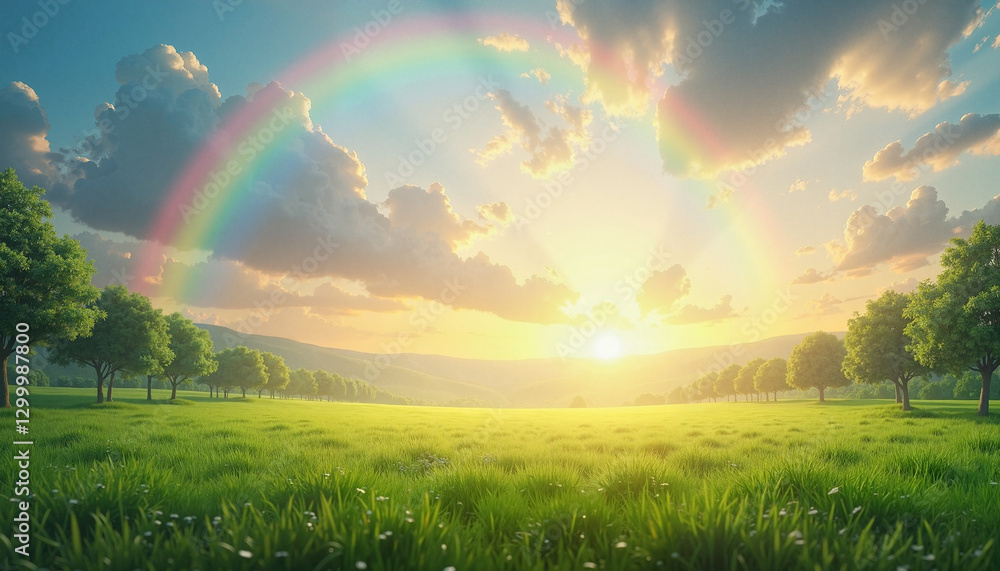 Peaceful rainbow greeting card featuring a vibrant arch in the sky at sunrise and copy space for text Peaceful rainbow greeting card featuring a vibrant arch in the sky at sunrise and copy space for text