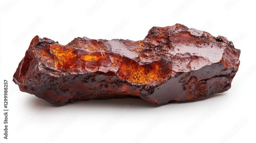 Raw iron ore with reddish-brown texture and metallic specks on white background Raw iron ore with reddish-brown texture and metallic specks on white background