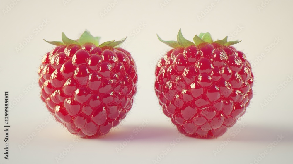 Two ripe raspberries on white background, close-up shot, for food packaging Two ripe raspberries on white background, close-up shot, for food packaging