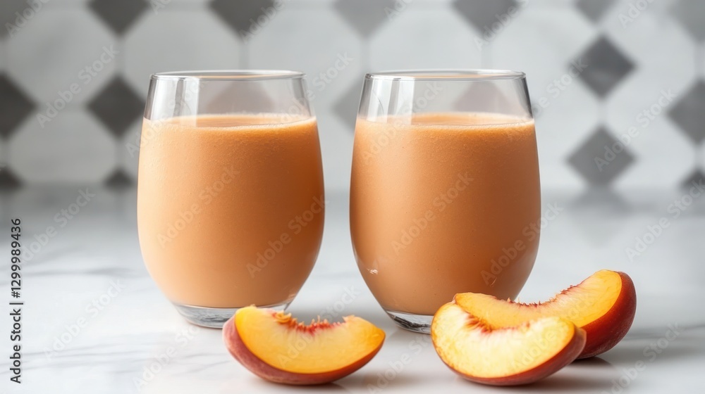 Peach smoothie, kitchen counter, healthy drink, marble background Peach smoothie, kitchen counter, healthy drink, marble background