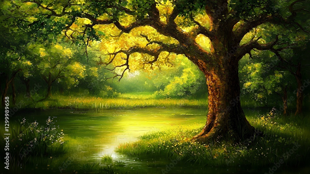 Fototapeta premium Golden Sunlight Illuminates Lush Green Forest with Pond
