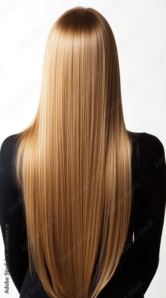 Naklejka premium Beautiful model girl with blond hair strand,silky healthy chestnut wavy hair strand,hair wavy ribbon, with smooth,Keratin straightening,Treatment,straight long hair,procedures,Smooth hairstyle.